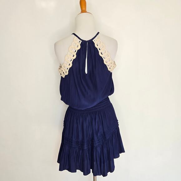 Ramy Brook Rowan Mini Dress Crochet Trim Navy Halter Top Ruffle Women XS - Picture 4 of 13